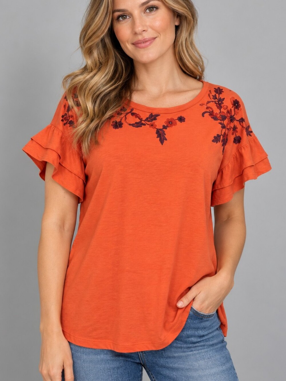 SUNDANCE Salmon Floral Embroidered Short Bell Sleeve Jersey Knit Top